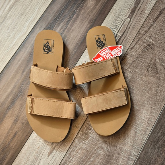 Vans Shoes - Vans Cayucas Slide Tan Leather Sandals Womens 9 VN0A3MW2GUL